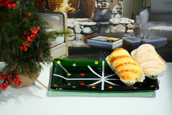 Handcrafted clear Green Christmas present looking Fused Glass Serving Plate10 Inch by 5 inch . housewarming, wedding, couple's unique gift seeds glassworks seedsglassworks