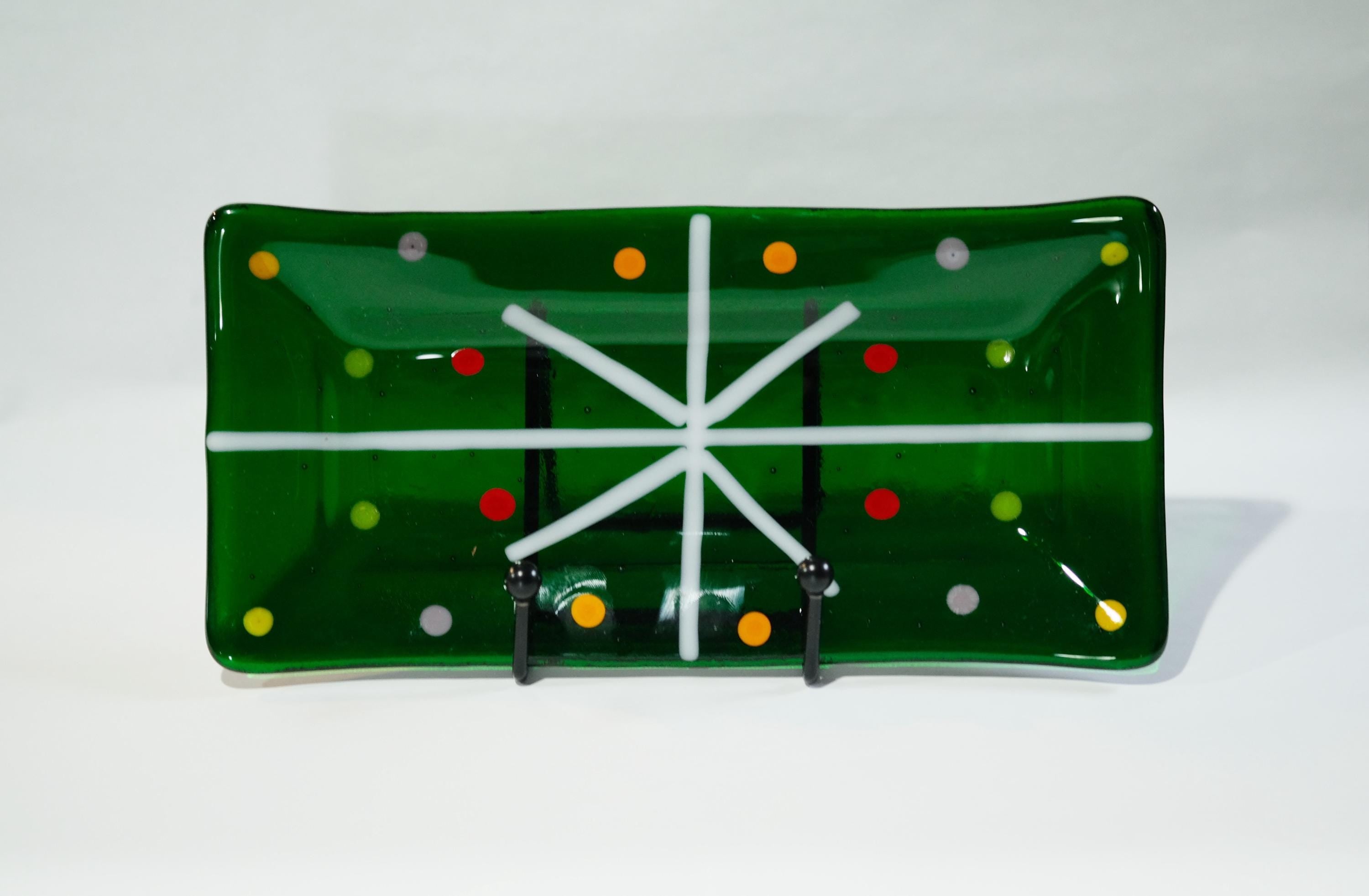 Handcrafted clear Green Christmas present looking Fused Glass Serving Plate10 Inch by 5 inch . housewarming, wedding, couple's unique gift seeds glassworks seedsglassworks