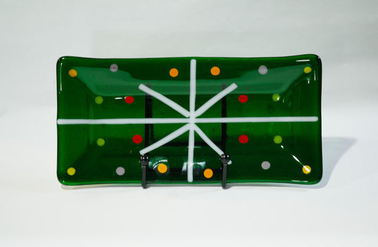 Handcrafted clear Green Christmas present looking Fused Glass Serving Plate10 Inch by 5 inch . housewarming, wedding, couple's unique gift seeds glassworks seedsglassworks