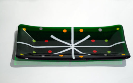 Handcrafted clear Green Christmas present looking Fused Glass Serving Plate10 Inch by 5 inch . housewarming, wedding, couple's unique gift seeds glassworks seedsglassworks