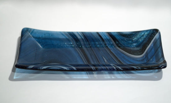 Swirling Sparkle: Handcrafted 10 Inch by 5 Inch Blue. black and white Fused Glass Serving Plate. housewarming, wedding, couple's unique gift seeds glassworks seedsglassworks