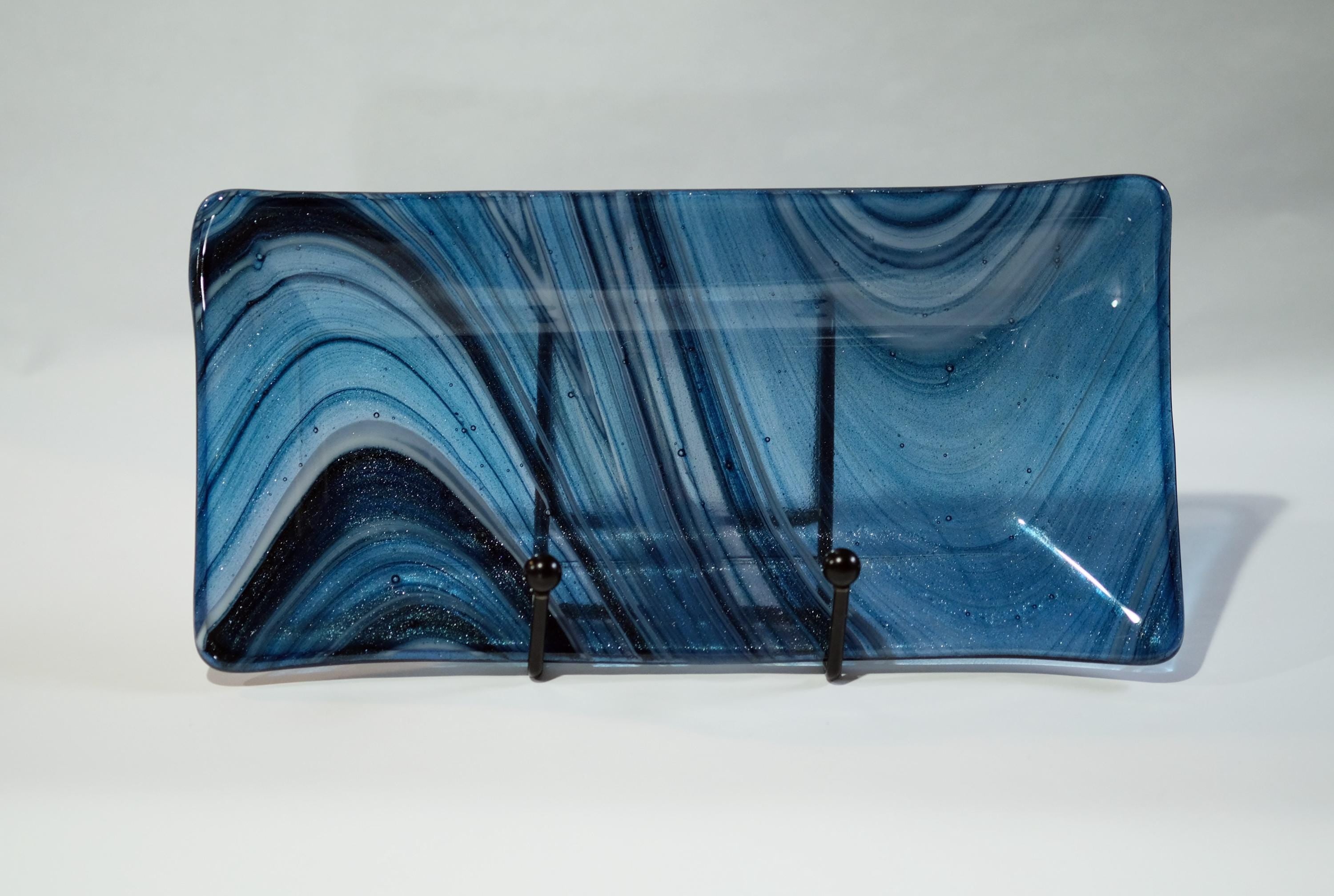 Swirling Sparkle: Handcrafted 10 Inch by 5 Inch Blue. black and white Fused Glass Serving Plate. housewarming, wedding, couple's unique gift seeds glassworks seedsglassworks