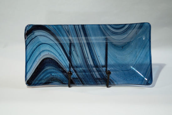 Swirling Sparkle: Handcrafted 10 Inch by 5 Inch Blue. black and white Fused Glass Serving Plate. housewarming, wedding, couple's unique gift seeds glassworks seedsglassworks