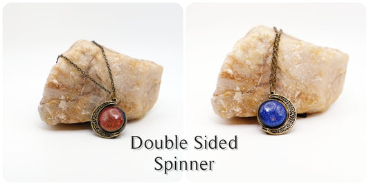 Double Sided Crescent Moon Celestial Pendant Necklace Blue and Orange Dichroic Fused Glass Spinner on 20 inch chain