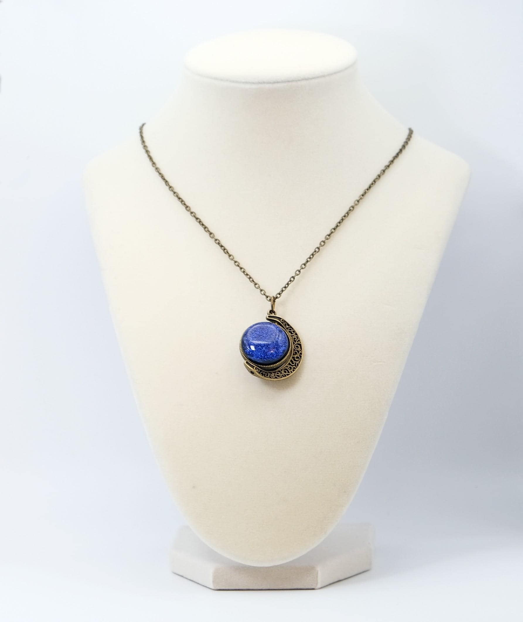 Double Sided Crescent Moon Celestial Pendant Necklace Blue and Orange Dichroic Fused Glass Spinner on 20 inch chain