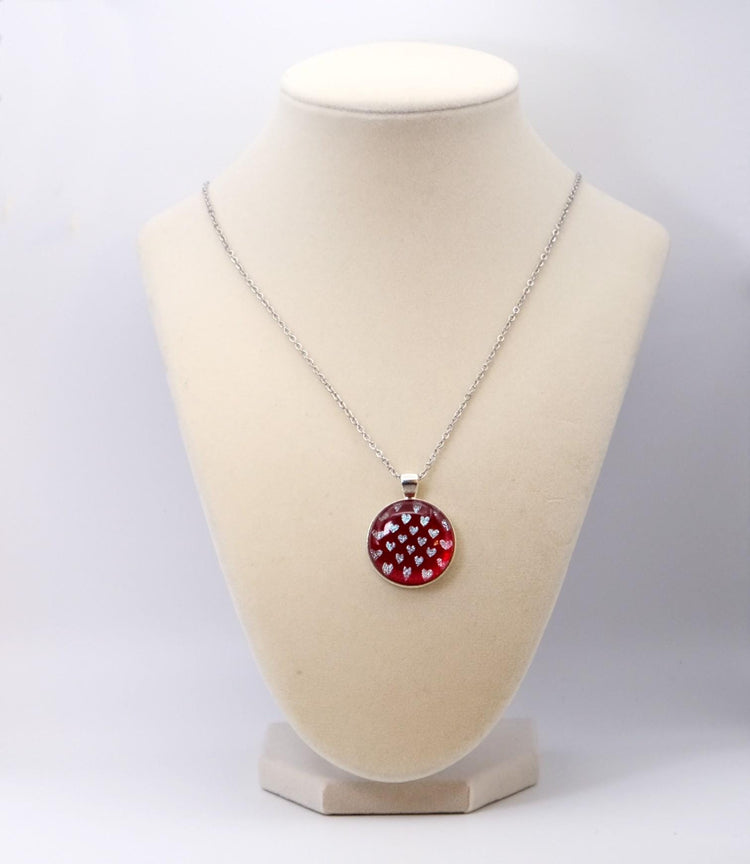 Silver tone  pendant necklace with Fused Glass Red with dichroic hearts pattern cabochon on 24 inch steel chain jewelry seeds glassworks seedsglassworks