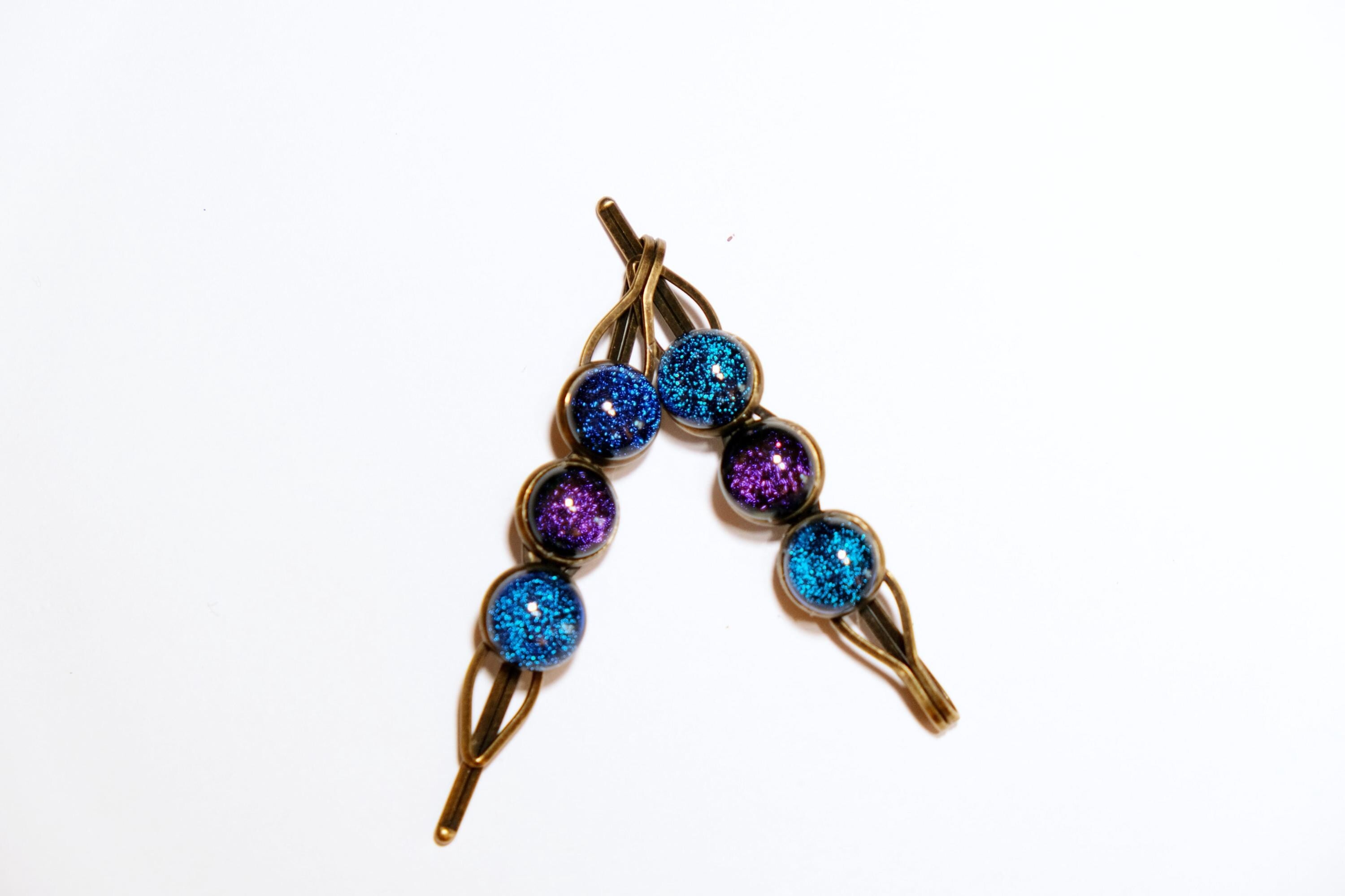 Bronze colored Bobby pin pair with 3 colored fused glass cabochons (shades of Purple & Blue), 3 inches seeds glassworks seedsglassworks