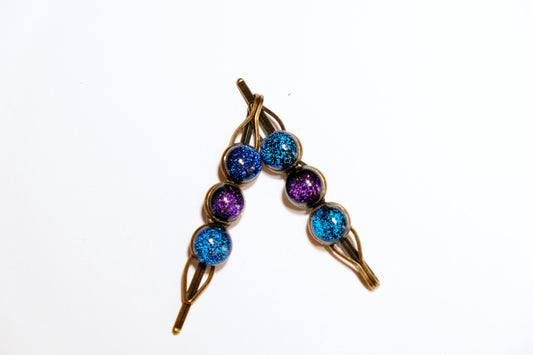 Bronze colored Bobby pin pair with 3 colored fused glass cabochons (shades of Purple & Blue), 3 inches seeds glassworks seedsglassworks