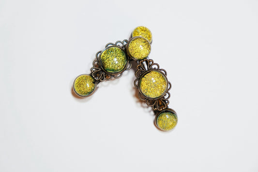 Barrette pair, bronze flowers with yellow/green dichroic fused glass cabochons, french clip, 2 1/4 inches