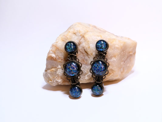 Barrette pair, bronze flowers with blue base and multicolor dichroic fused glass cabochons, french clip, 2 1/4 inches. unique hair jewelry seeds glassworks seedsglassworks