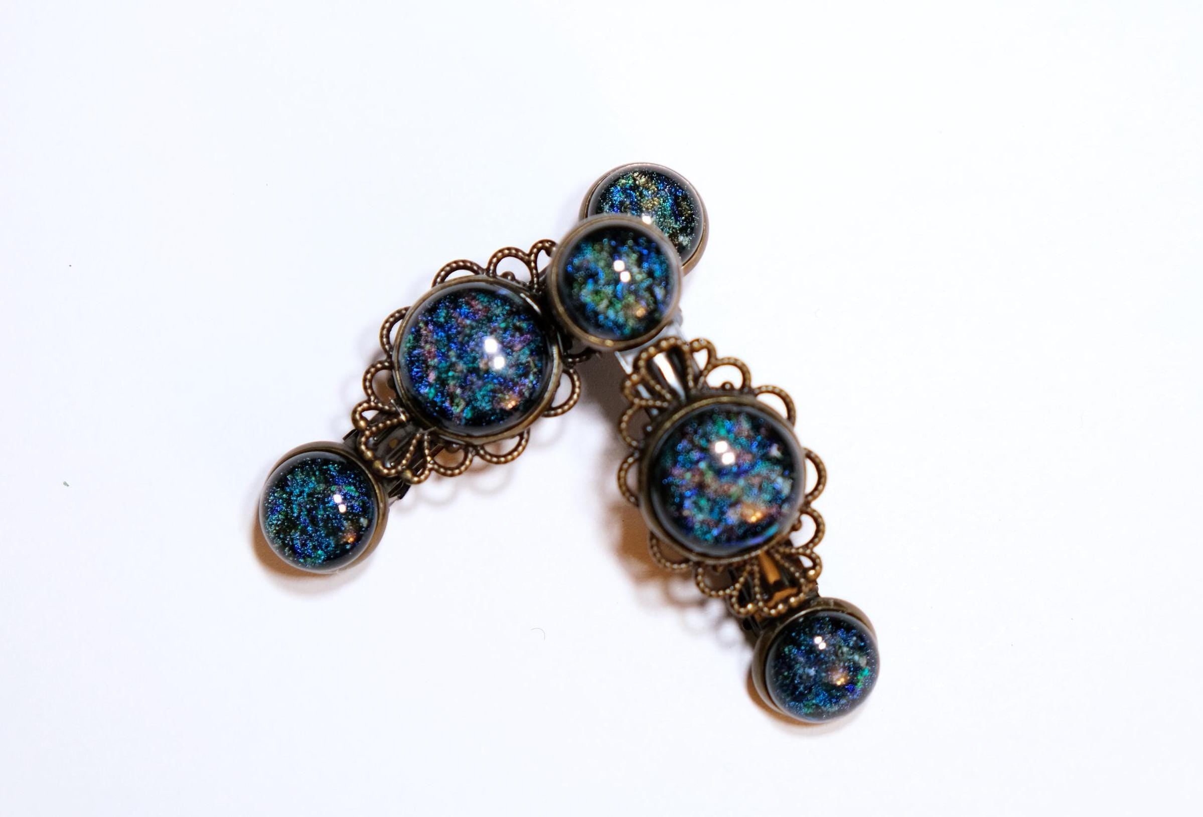 Barrette pair, bronze flowers with blue base and multicolor dichroic fused glass cabochons, french clip, 2 1/4 inches. unique hair jewelry