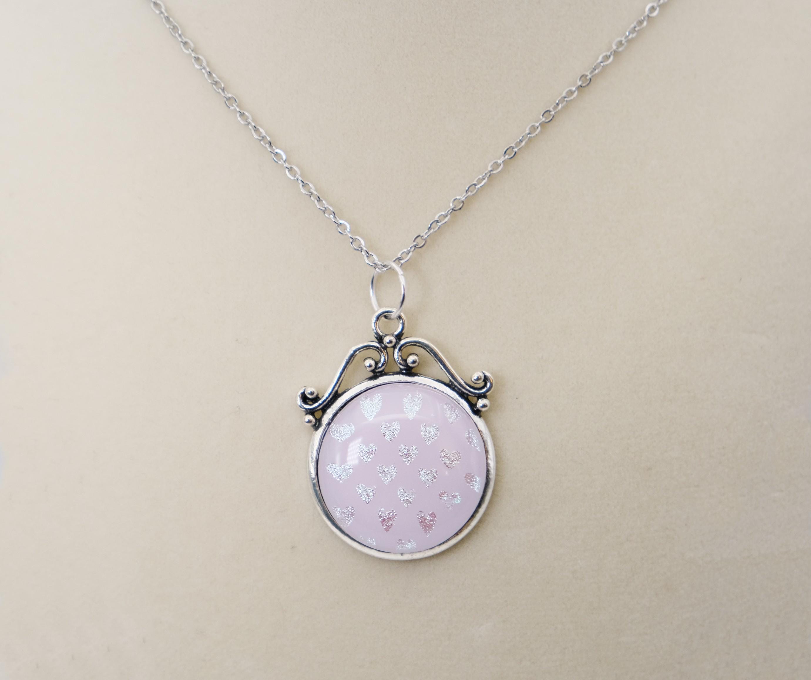 pendant necklace with Pink Fused Glass and dichroic hearts pattern cabochon on 24 inch steel chain jewelry. seeds glassworks seedsglassworks