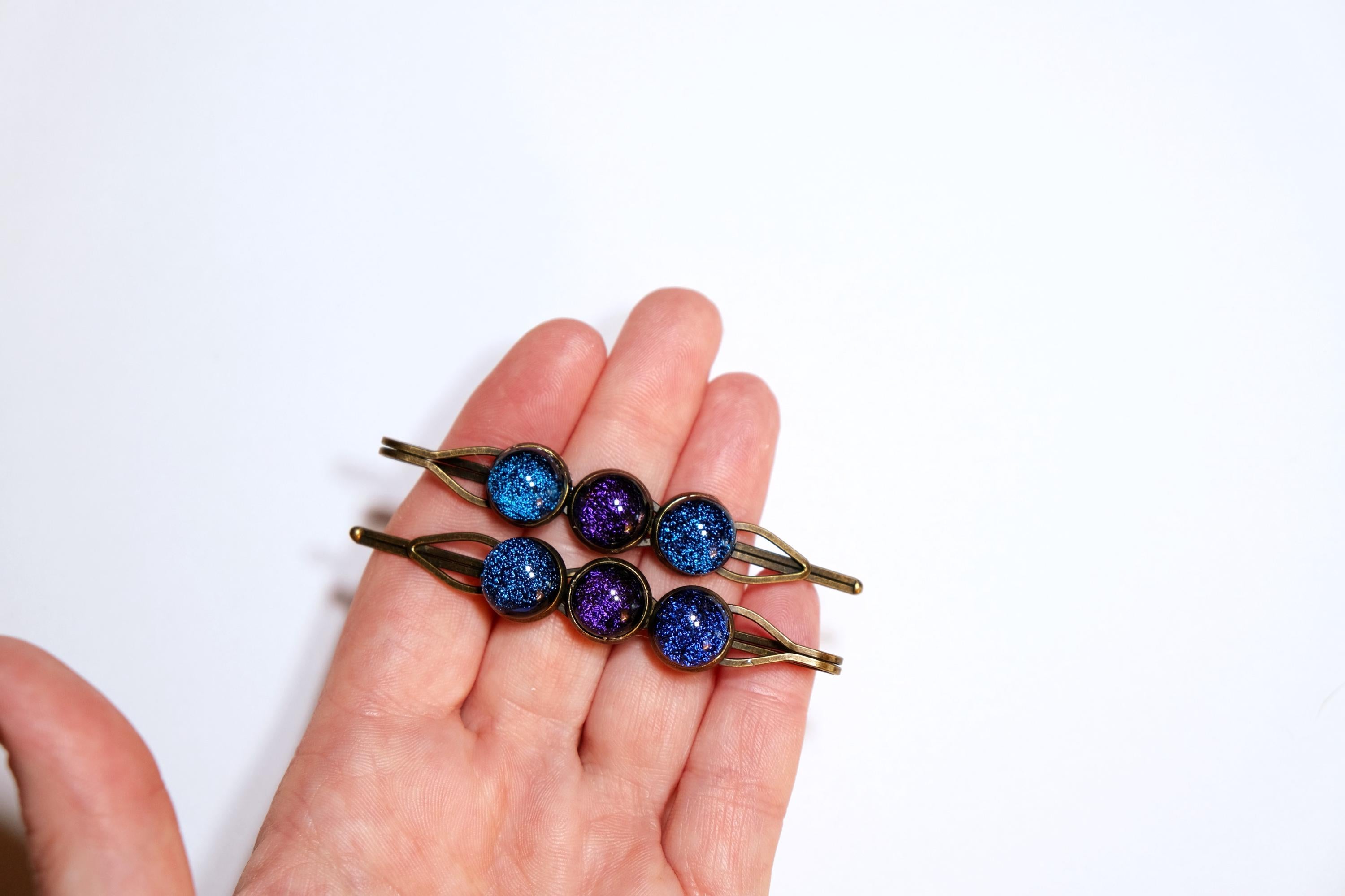 Bronze colored Bobby pin pair with 3 colored fused glass cabochons (shades of Purple & Blue), 3 inches seeds glassworks seedsglassworks