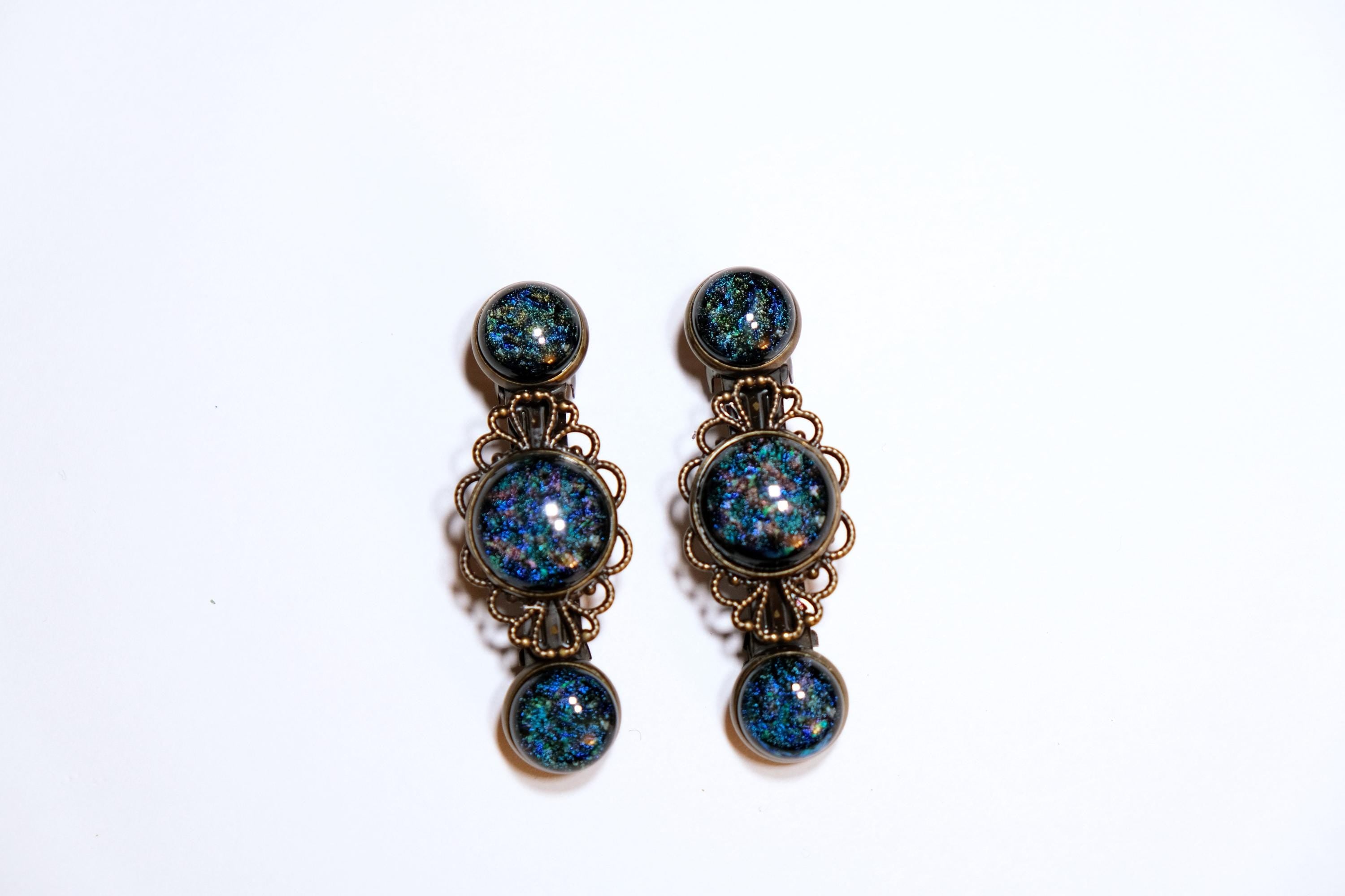Barrette pair, bronze flowers with blue base and multicolor dichroic fused glass cabochons, french clip, 2 1/4 inches. unique hair jewelry seeds glassworks seedsglassworks