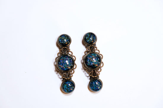 Barrette pair, bronze flowers with blue base and multicolor dichroic fused glass cabochons, french clip, 2 1/4 inches. unique hair jewelry seeds glassworks seedsglassworks