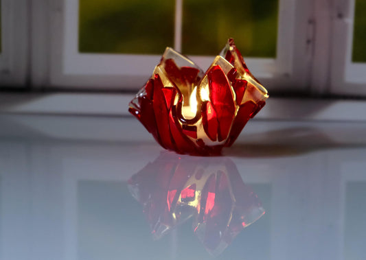 Red and Clear Fused Glass flame look tea light candle holder with battery operated votive candle, mother's day gift, spring home decor