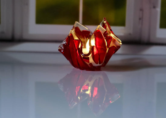 Red and Clear Fused Glass flame look tea light candle holder with battery operated votive candle, mother's day gift, spring home decor