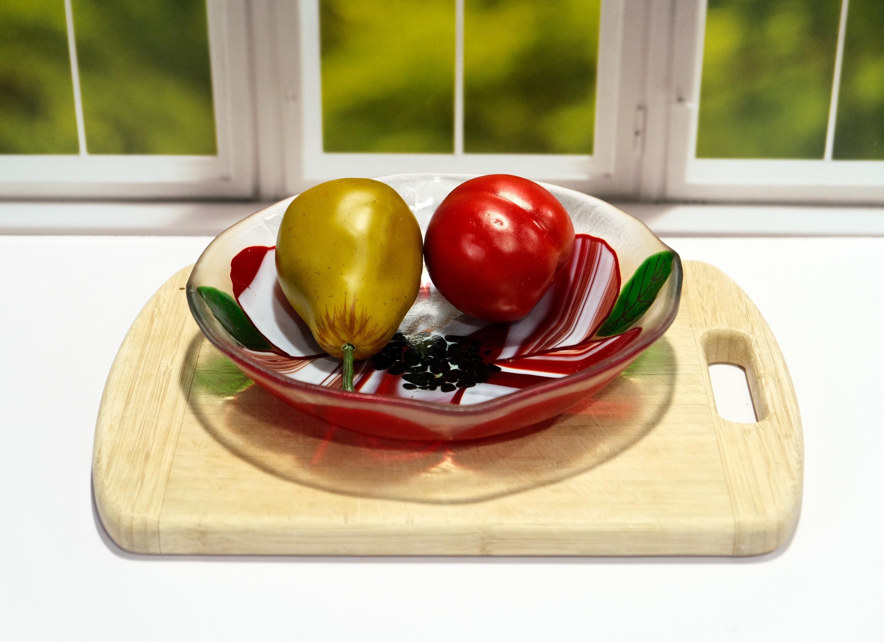 Elegant 8.5 Inch Wide Red and White flower design fused glass bowl on clear glass base. kitchen decor, couples gift one of a kind