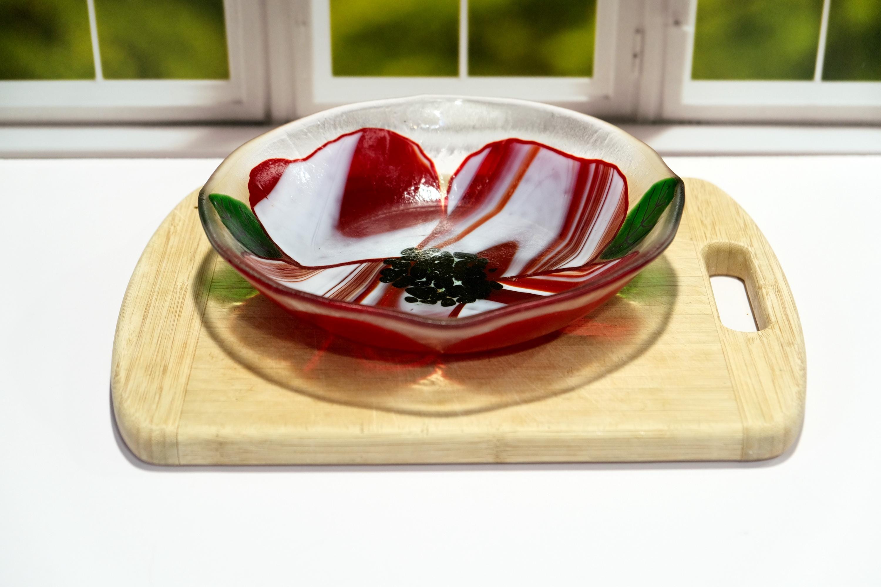 Elegant 8.5 Inch Wide Red and White flower design fused glass bowl on clear glass base. kitchen decor, couples gift one of a kind