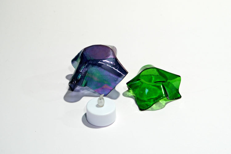Iridescent Purple Fused Glass Flower look tea light candle holder with battery operated votive candle, mother's day gift, spring home decor seeds glassworks seedsglassworks