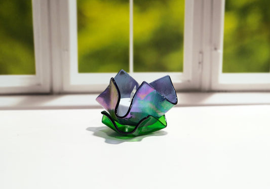 Iridescent Purple Fused Glass Flower look tea light candle holder with battery operated votive candle, mother's day gift, spring home decor seeds glassworks seedsglassworks