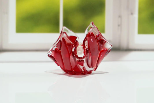 Red and Clear Fused Glass flame look tea light candle holder with battery operated votive candle, mother's day gift, spring home decor