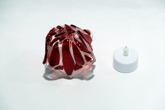 Red and Clear Fused Glass flame look tea light candle holder with battery operated votive candle, mother's day gift, spring home decor