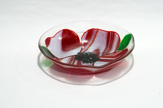Elegant 8.5 Inch Wide Red and White flower design fused glass bowl on clear glass base. kitchen decor, couples gift one of a kind