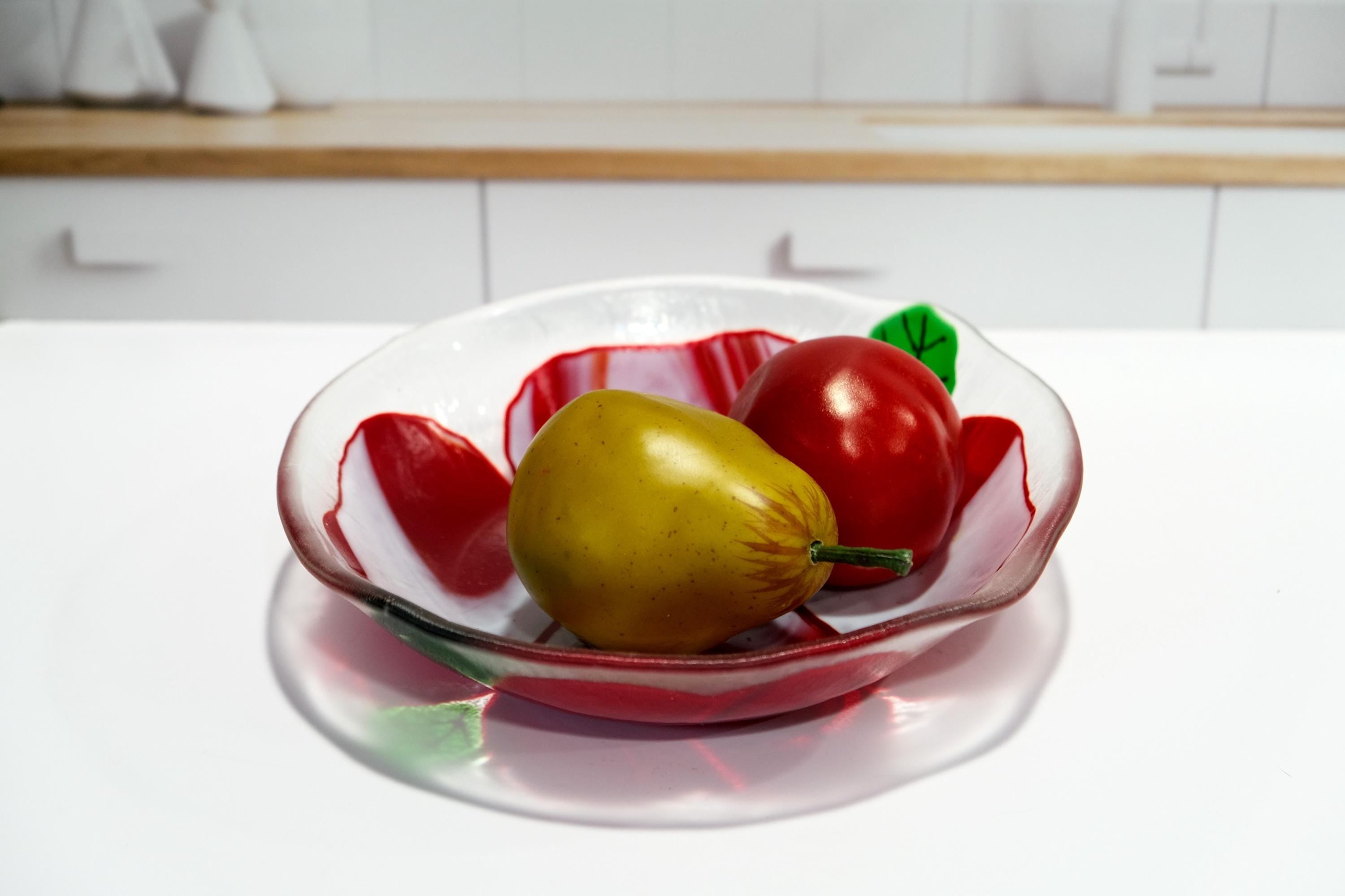 Elegant 8.5 Inch Wide Red and White flower design fused glass bowl on clear glass base. kitchen decor, couples gift one of a kind