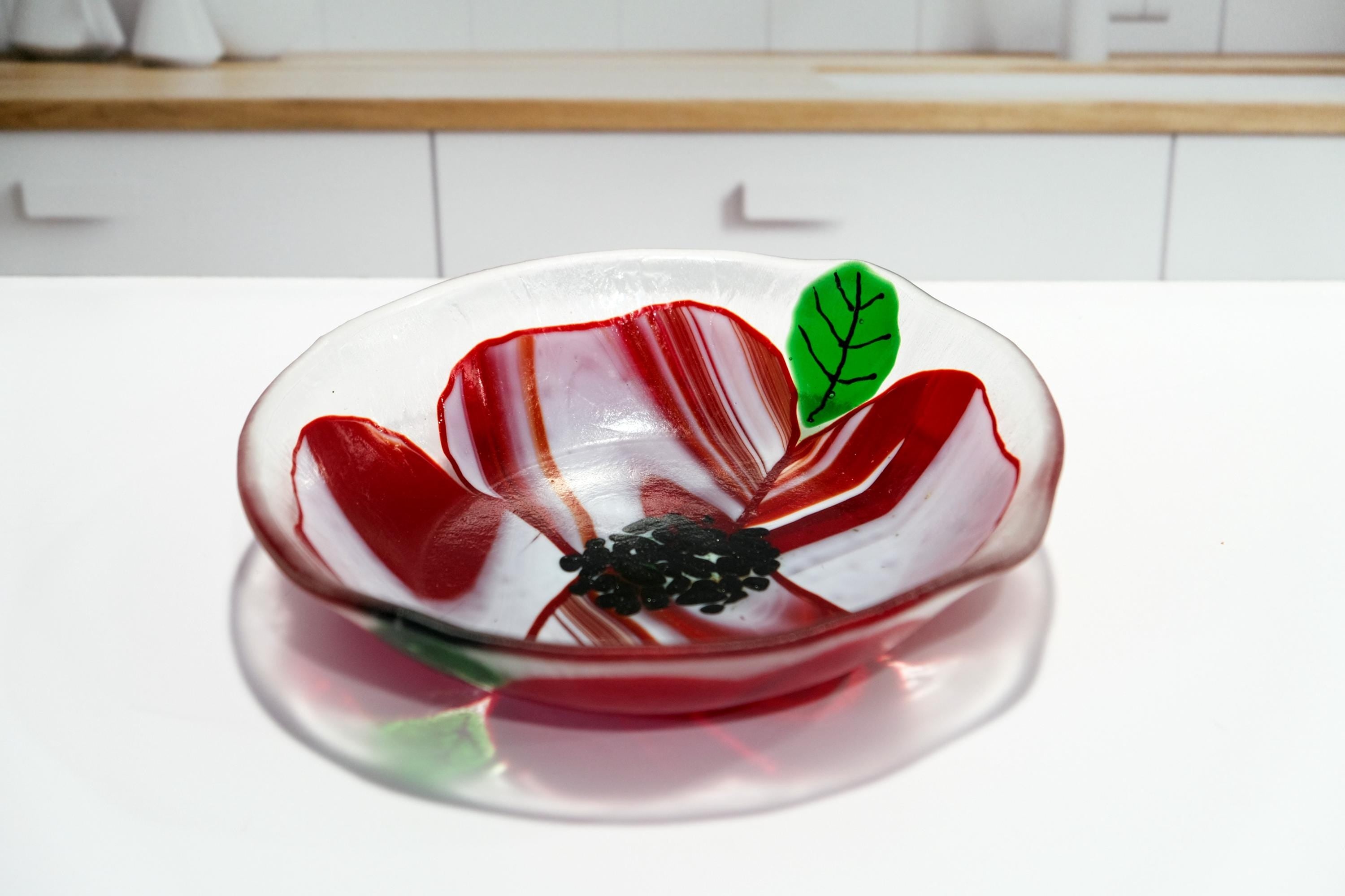 Elegant 8.5 Inch Wide Red and White flower design fused glass bowl on clear glass base. kitchen decor, couples gift one of a kind