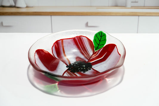 Elegant 8.5 Inch Wide Red and White flower design fused glass bowl on clear glass base. kitchen decor, couples gift one of a kind