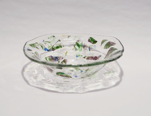 Unique 8.5 Inch one of a kind fused glass bowl with dichroic, green and purple accents on a clear base. organic shape. home decor gift