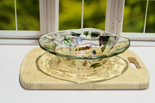 Unique 8.5 Inch one of a kind fused glass bowl with dichroic, green and purple accents on a clear base. organic shape. home decor gift