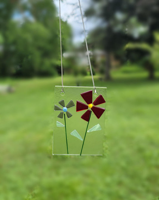 Charming Simple twin flower fused glass suncatcher, 3 x 4 inches, red, purple, green, handmade on chain seeds glassworks seedsglassworks