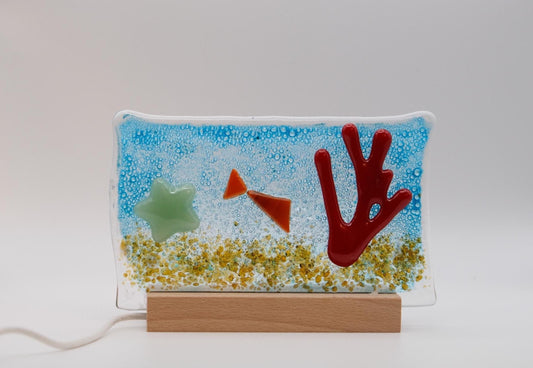 Fish Tank inspired fused glass desktop art panel on wood frame, lights up with LED lights, 5 x 4 inches seeds glassworks seedsglassworks