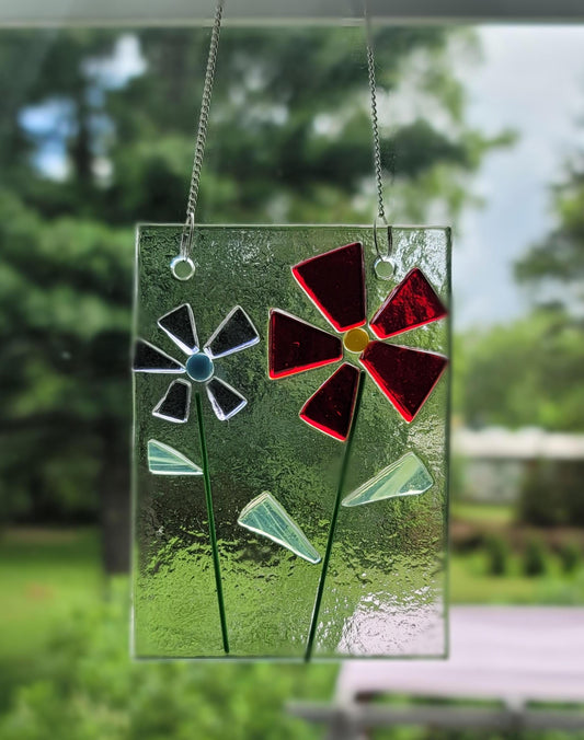 Charming Simple twin flower fused glass suncatcher, 3 x 4 inches, red, purple, green, handmade on chain seeds glassworks seedsglassworks