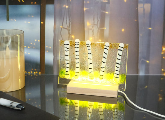 Birch tree fused glass desktop art panel on wood frame, lights up with LED lights, 5 x 4 inches seeds glassworks seedsglassworks