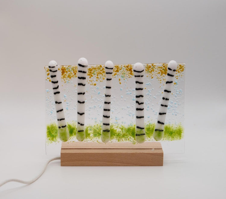 Birch tree fused glass desktop art panel on wood frame, lights up with LED lights, 5 x 4 inches seeds glassworks seedsglassworks
