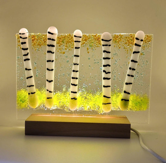 Birch tree fused glass desktop art panel on wood frame, lights up with LED lights, 5 x 4 inches seeds glassworks seedsglassworks