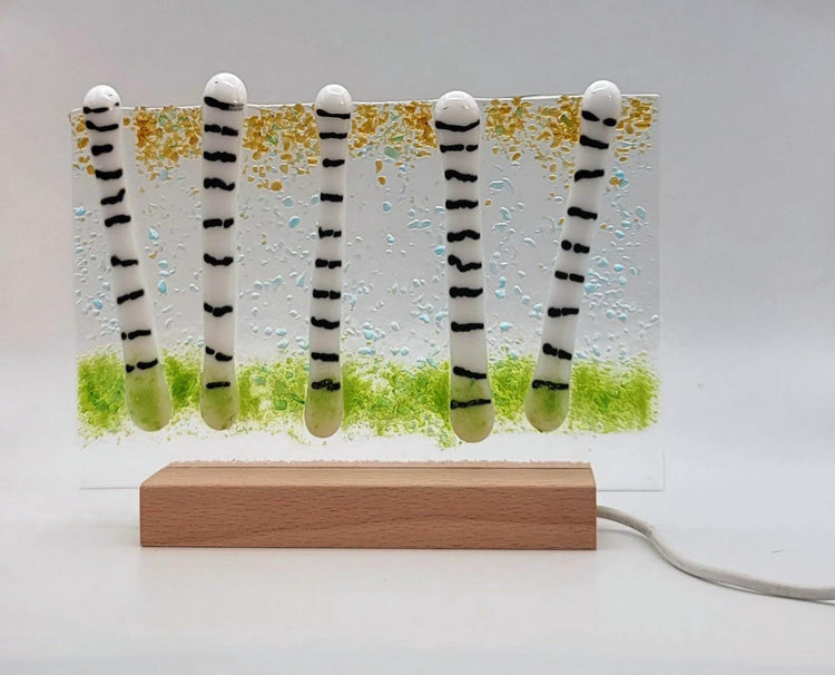 Birch tree fused glass desktop art panel on wood frame, lights up with LED lights, 5 x 4 inches seeds glassworks seedsglassworks