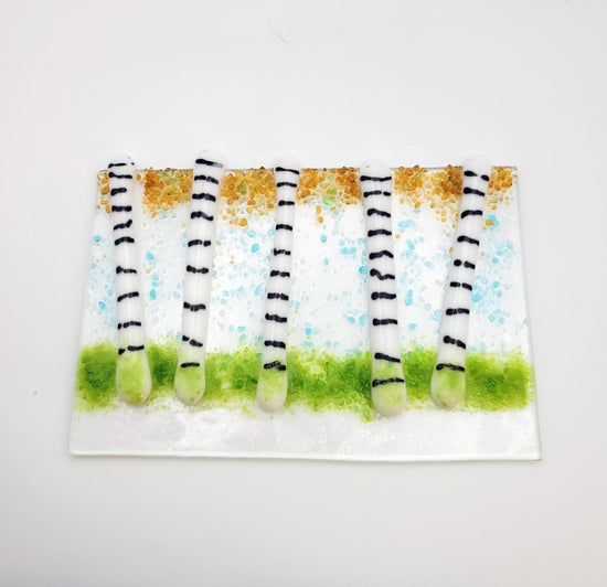 Birch tree fused glass desktop art panel on wood frame, lights up with LED lights, 5 x 4 inches seeds glassworks seedsglassworks