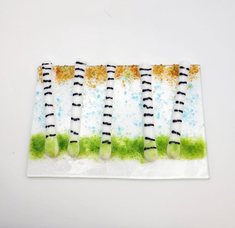 Birch tree fused glass desktop art panel on wood frame, lights up with LED lights, 5 x 4 inches seeds glassworks seedsglassworks
