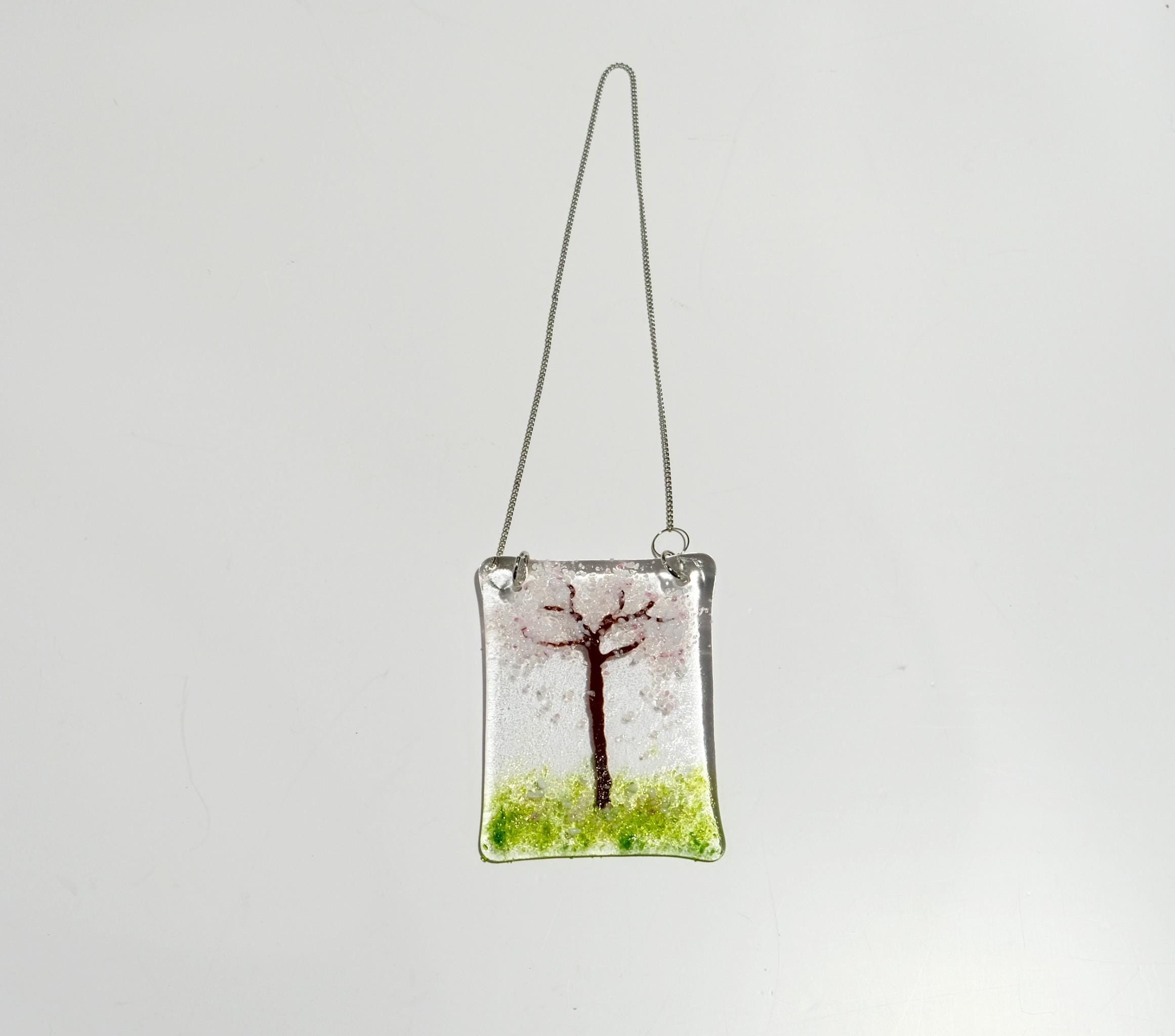 Whimsical cherry blossom tree fused glass suncatcher, 3 x 4 inches, pink, brown, handmade on chain seeds glassworks seedsglassworks