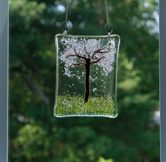 Whimsical cherry blossom tree fused glass suncatcher, 3 x 4 inches, pink, brown, handmade on chain seeds glassworks seedsglassworks
