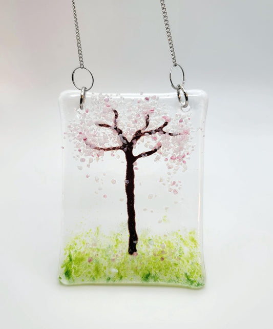 Whimsical cherry blossom tree fused glass suncatcher, 3 x 4 inches, pink, brown, handmade on chain seeds glassworks seedsglassworks