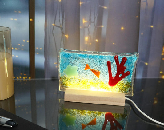 Fish Tank inspired fused glass desktop art panel on wood frame, lights up with LED lights, 5 x 4 inches seeds glassworks seedsglassworks