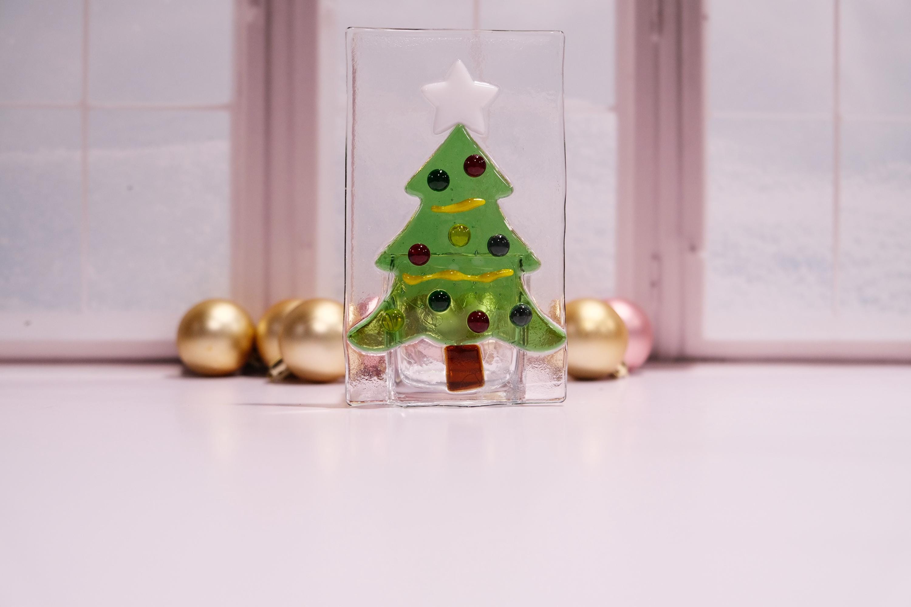 Christmas tree fused glass tea light candle holder