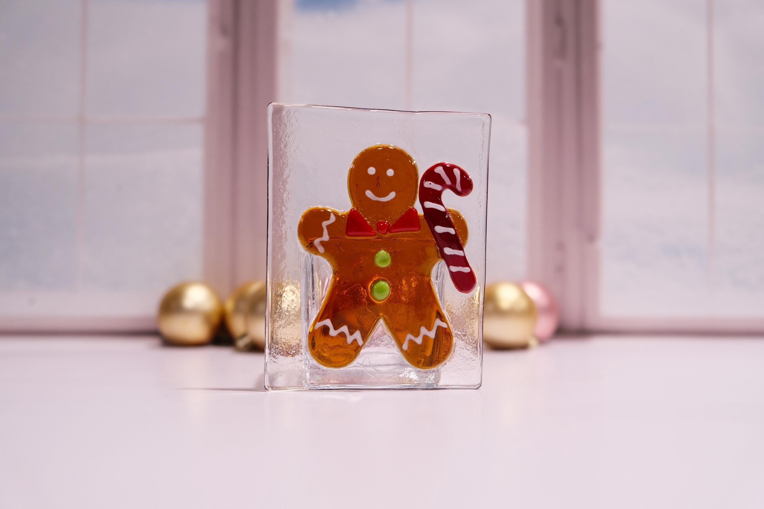 Gingerbread man fused glass tea light candle holder