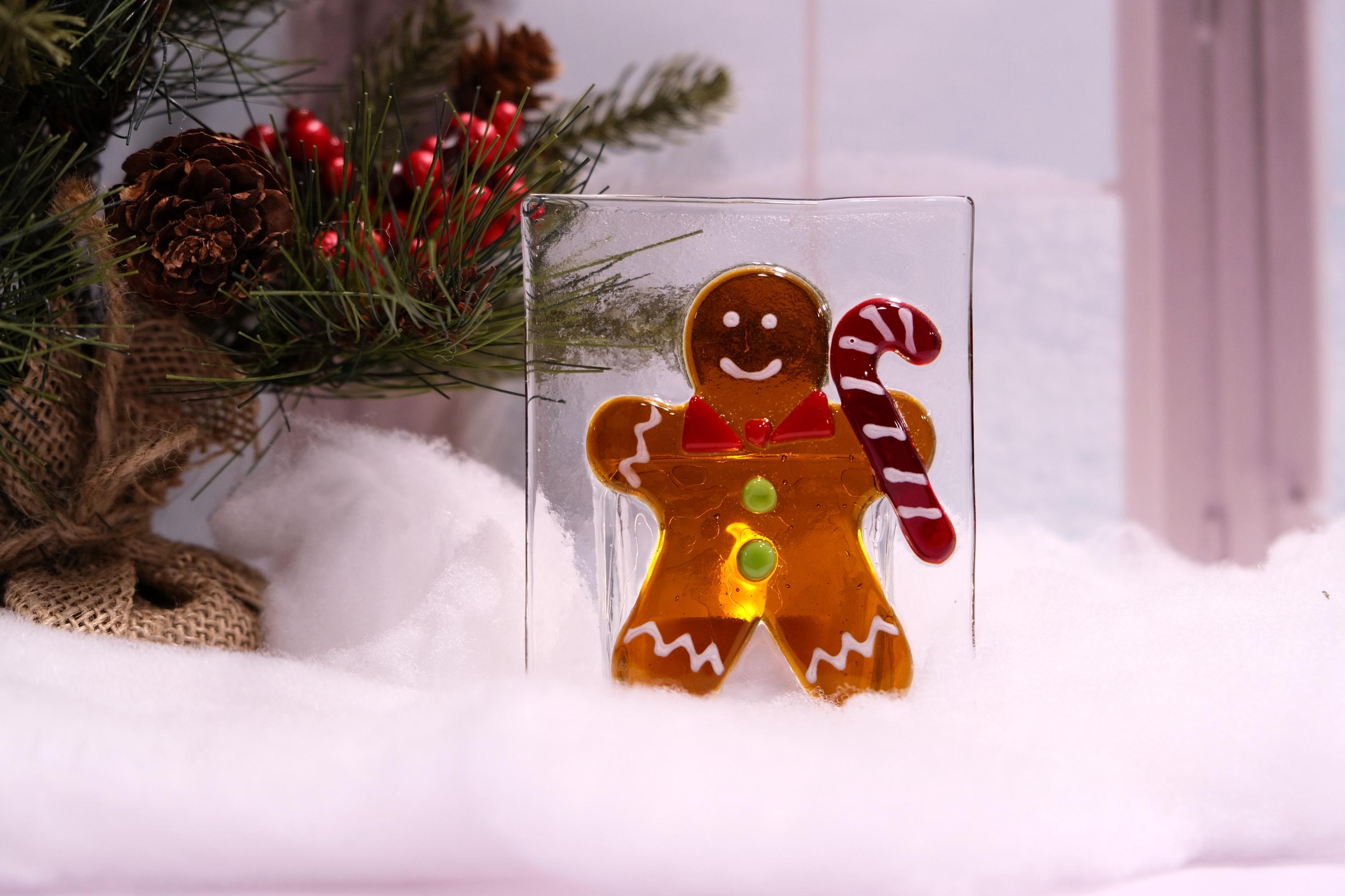 Gingerbread man fused glass tea light candle holder