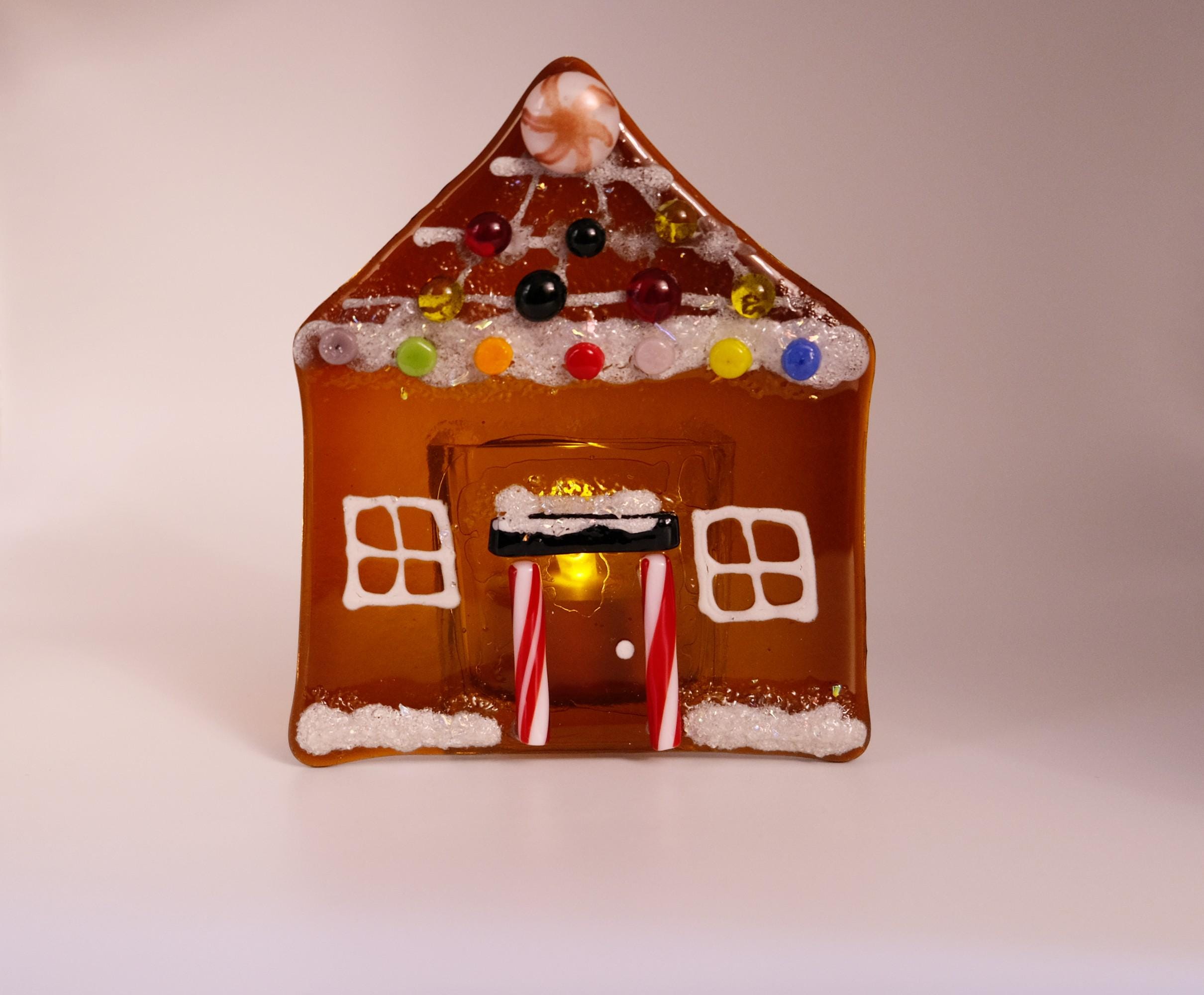 Gingerbread House fused glass tea light candle holder